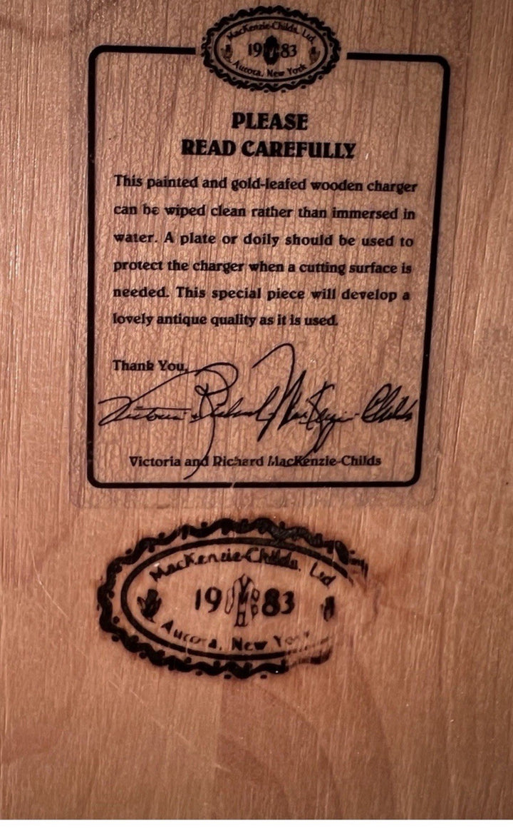 Mackenzie Childs Rare VTG  Wood Charger Floral & Gold Leaf 11” Signed