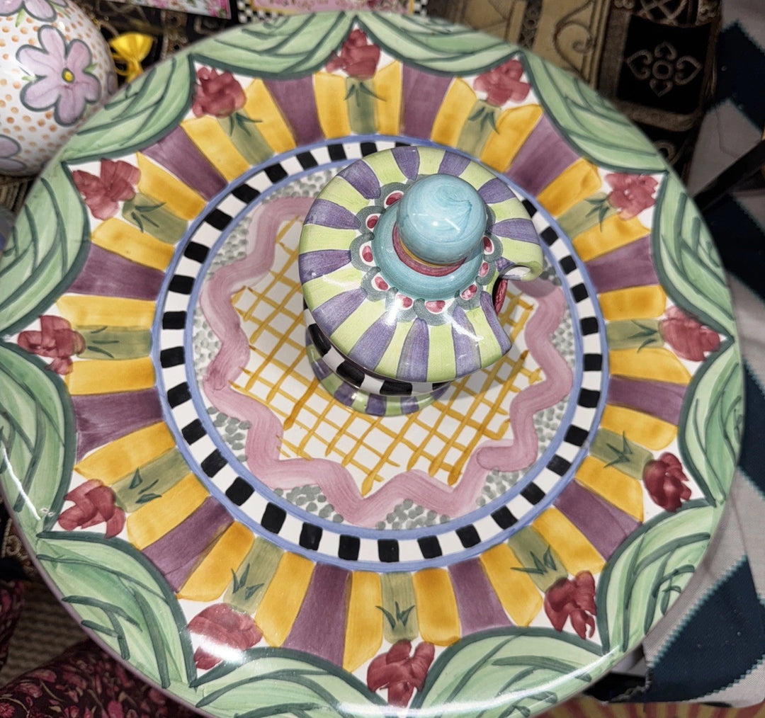 Retired Mackenzie Childs Taylor- Odd Fellows Ceramic Footed Jam Pot Brand 2010