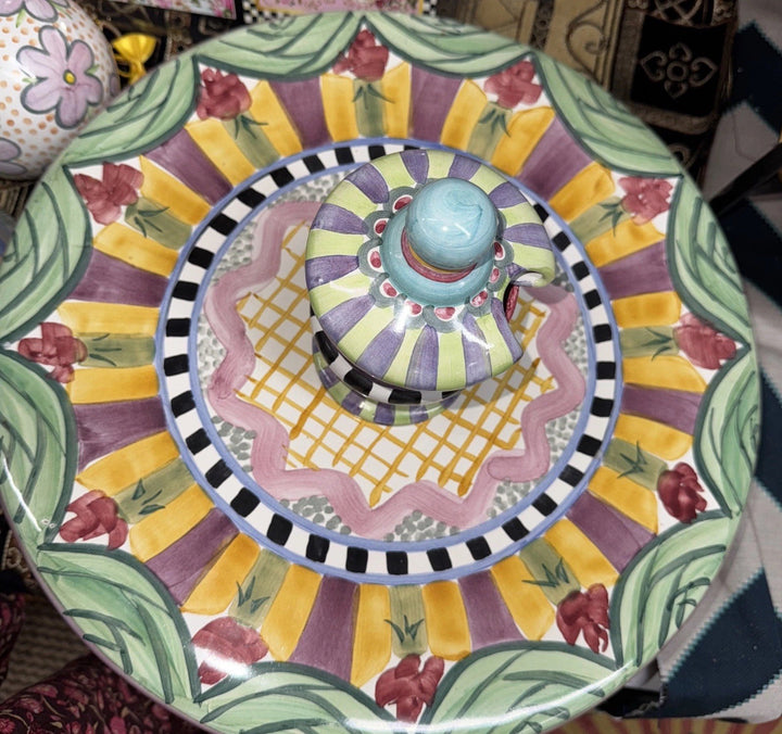 Retired Mackenzie Childs Taylor- Odd Fellows Ceramic Footed Jam Pot Brand 2010