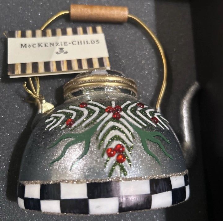 Mackenzie Childs Farmhouse Holiday Tea Kettle Ornament- Retired New In Box