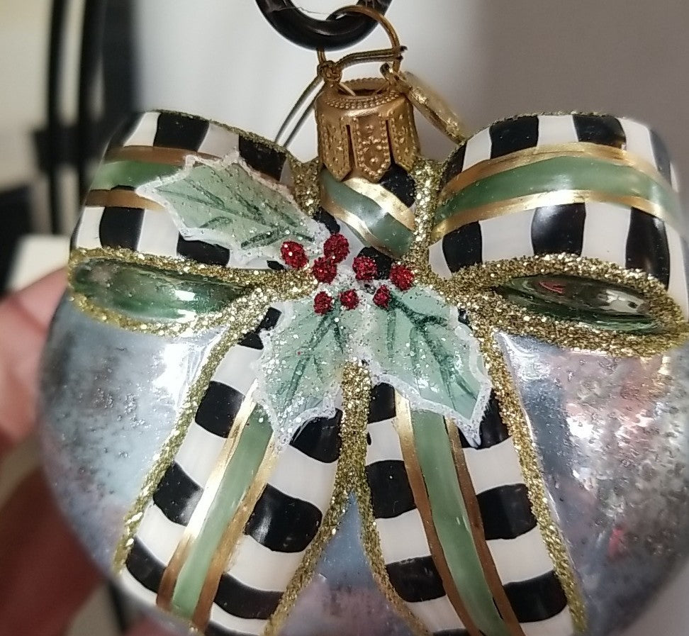 Mackenzie Childs Farmhouse Holiday Heart Glass Ornament NIB