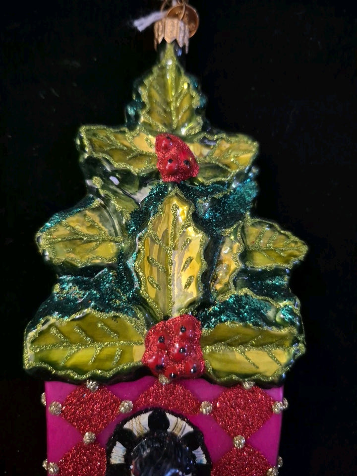 Mackenzie Childs CHICKADEE HOLLY HOUSE Christmas Ornament Blown Glass - NEW/BOX!