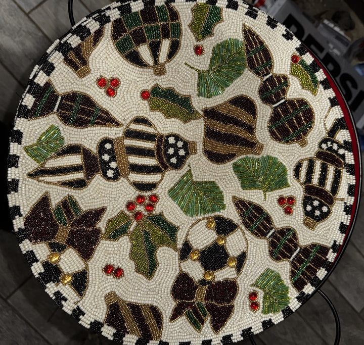 MacKENZIE CHILDS Set Of 4 Christmas White Deck the Halls BEADED PLACEMATS