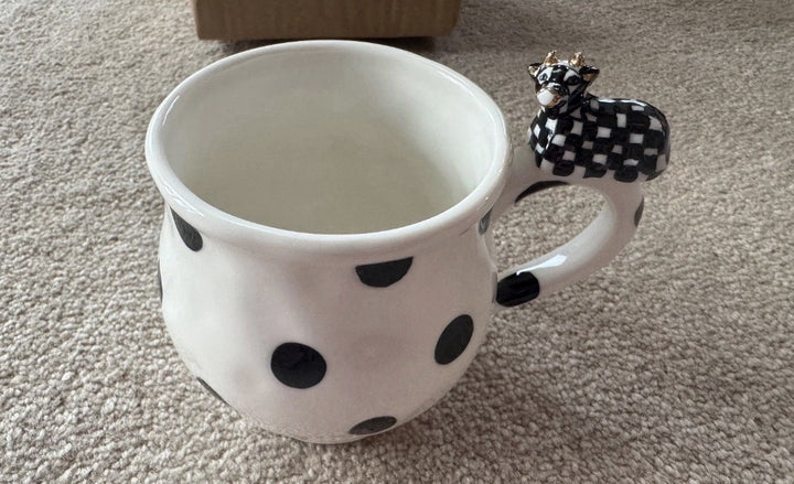 MACKENZIE CHILDS COW CREAMERY MUG, NIB, 16 OZ, 3.5" x 5.5" x 4.5"