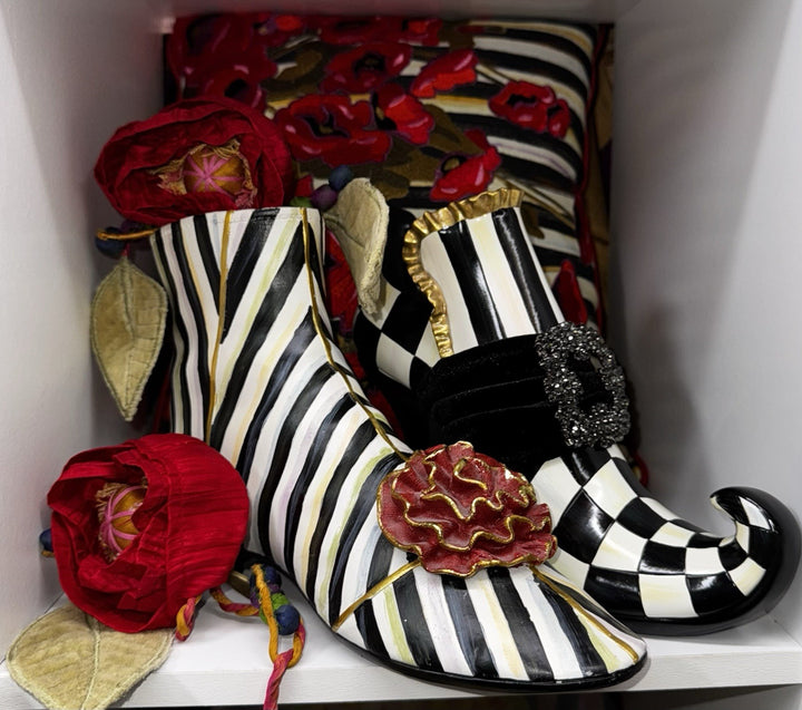 Mackenzie Childs Courtly Stripe Shoe Vase - With Red Flower - Retired