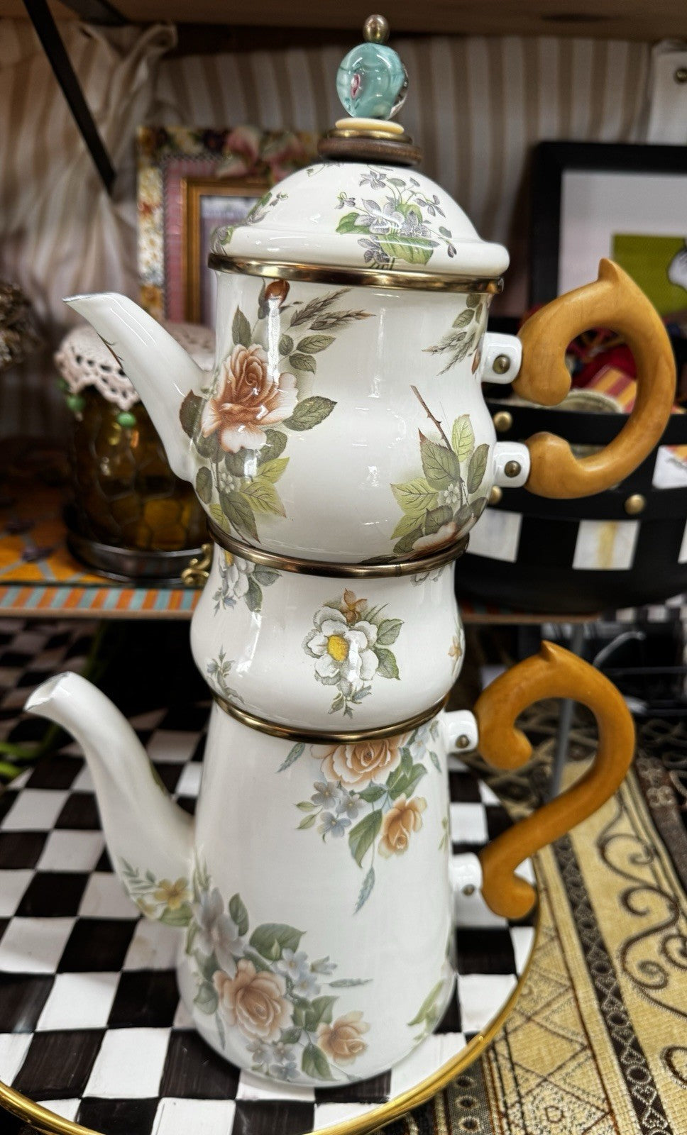 MacKenzie Childs Stacked Camp White Flower Enamel Tea Cream & Sugar High tea Set