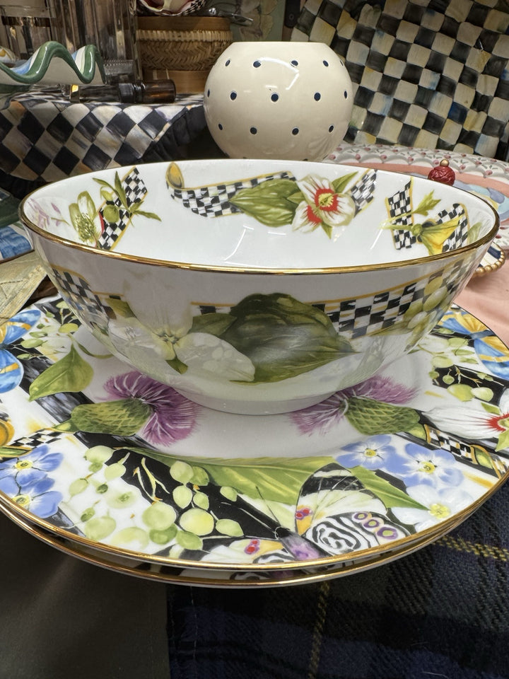 MACKENZIE CHILDS THISTLE & BEE Serving Bowl Courtly Check Ribbon NIB