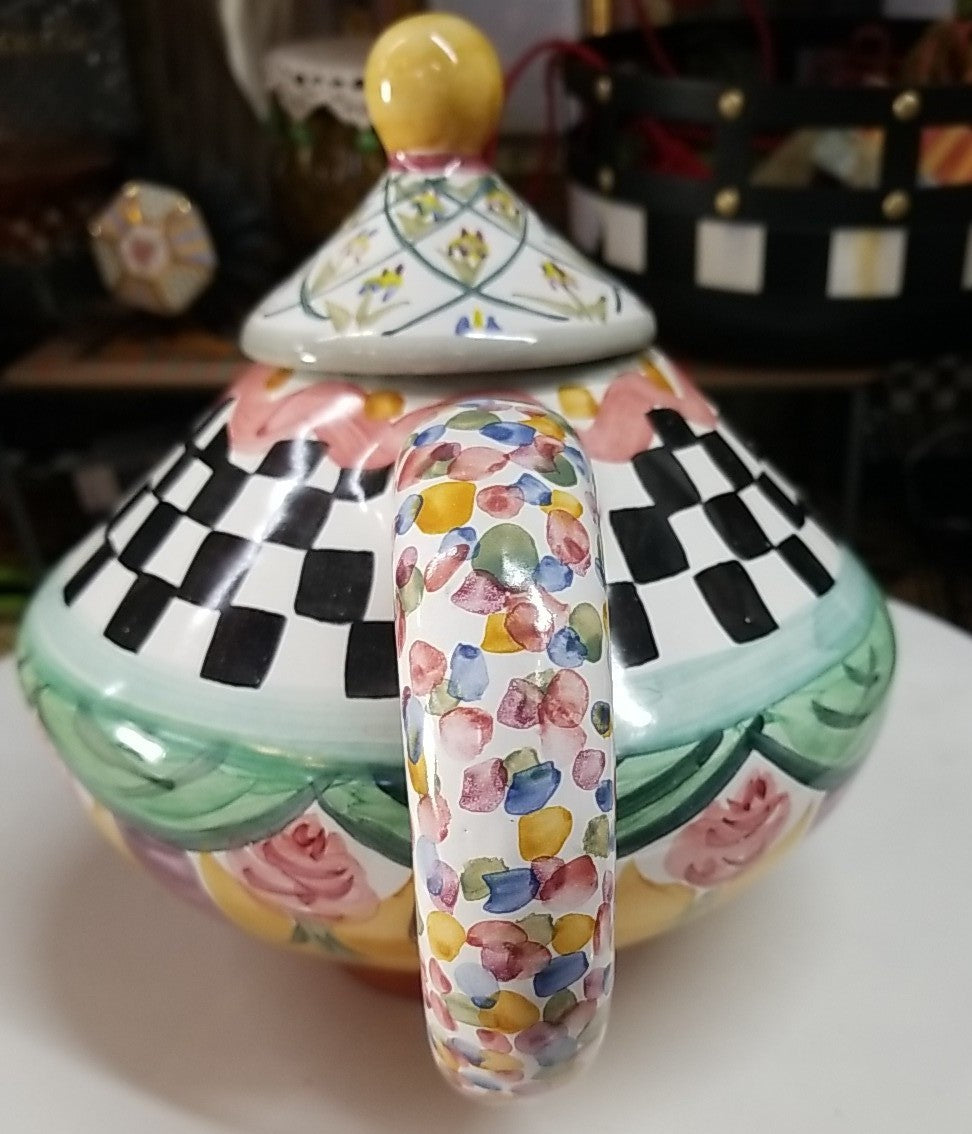 MacKenzie Childs Taylor Odd Fellows Ceramic Tea Pot Kettle 2 qt Retired w/ Lid