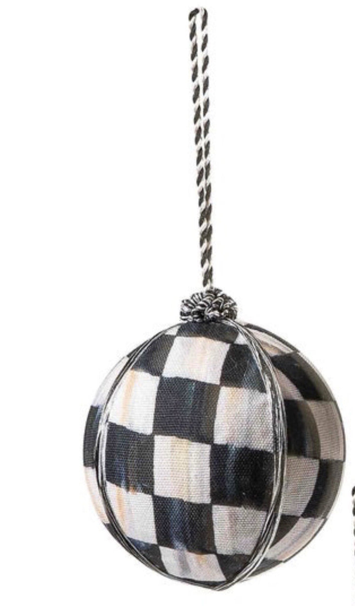 Mackenzie Childs COURTLY CHECK Large BALL Fabric Covered ORNAMENT- New 4”x5.25”