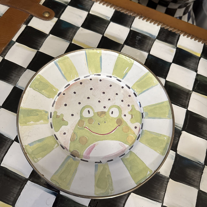 Vintage Mackenzie-Childs Green Frog Enamelware Metal Rim Childs Plate Retired 8”