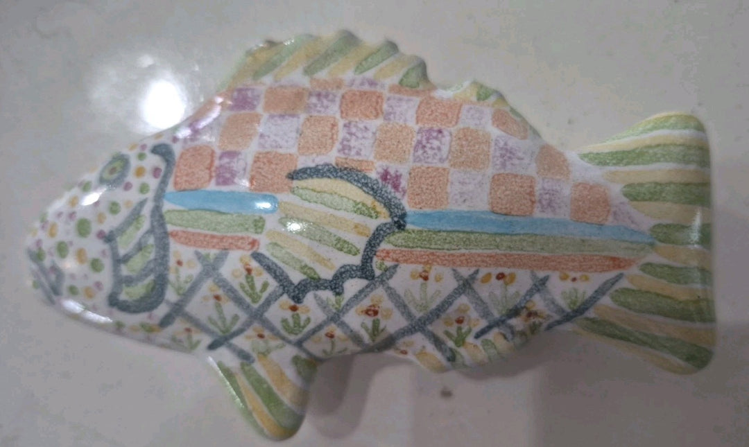Pair Vintage MacKenzie-Childs Pottery Fish Cabinet Knobs / Drawer Pulls