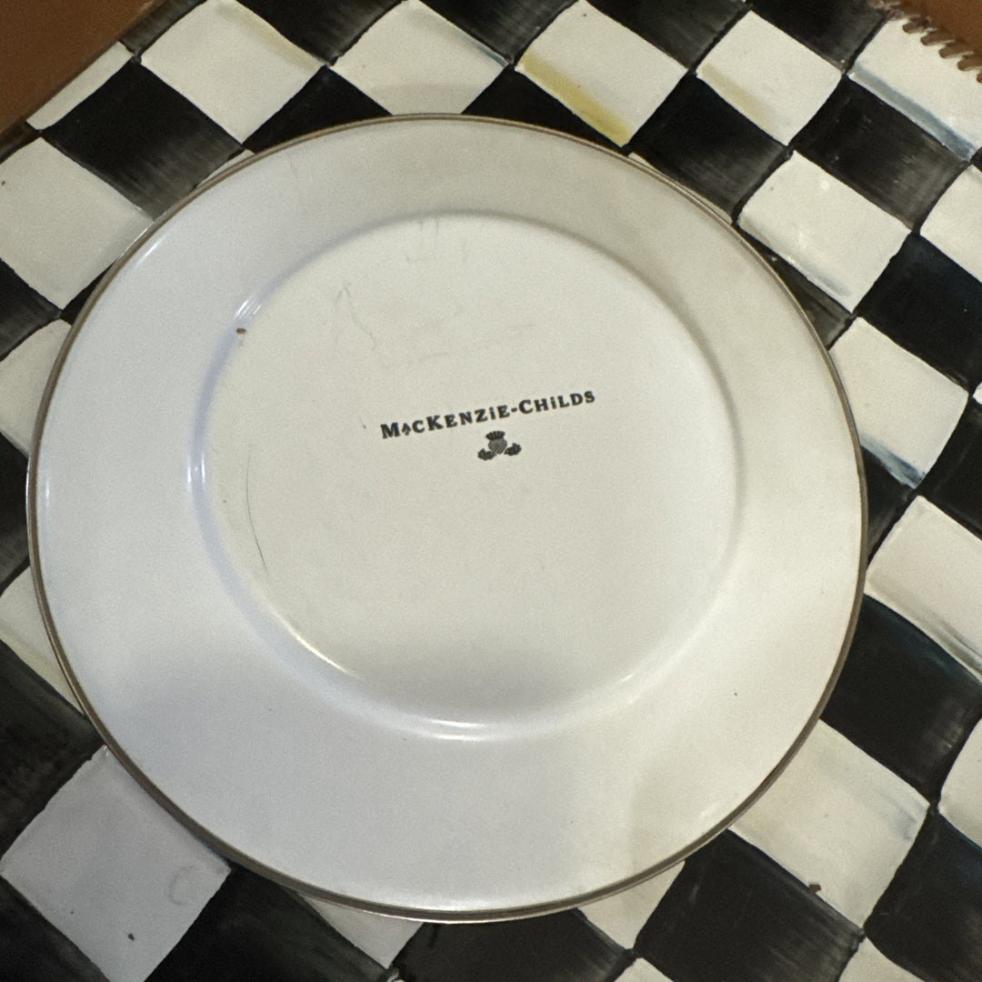 Vintage Mackenzie-Childs Green Frog Enamelware Metal Rim Childs Plate Retired 8”