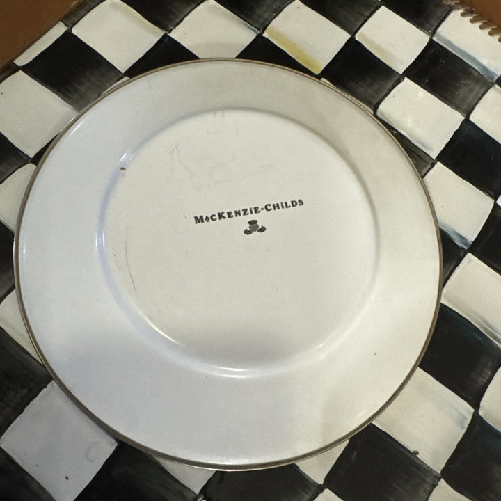 Vintage Mackenzie-Childs Green Frog Enamelware Metal Rim Childs Plate Retired 8”