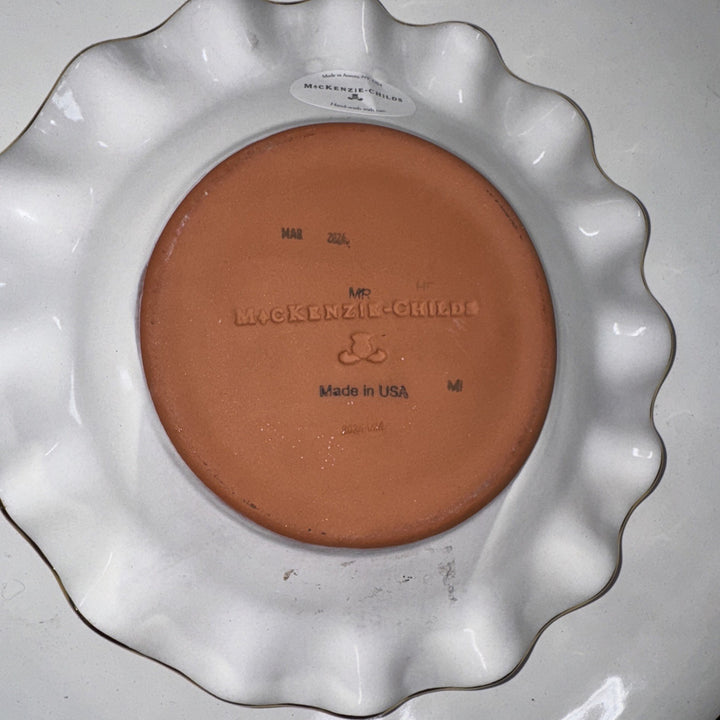 9” Mackenzie Childs Fluted Rosy CheckPink Salad Ceramic  With Gold