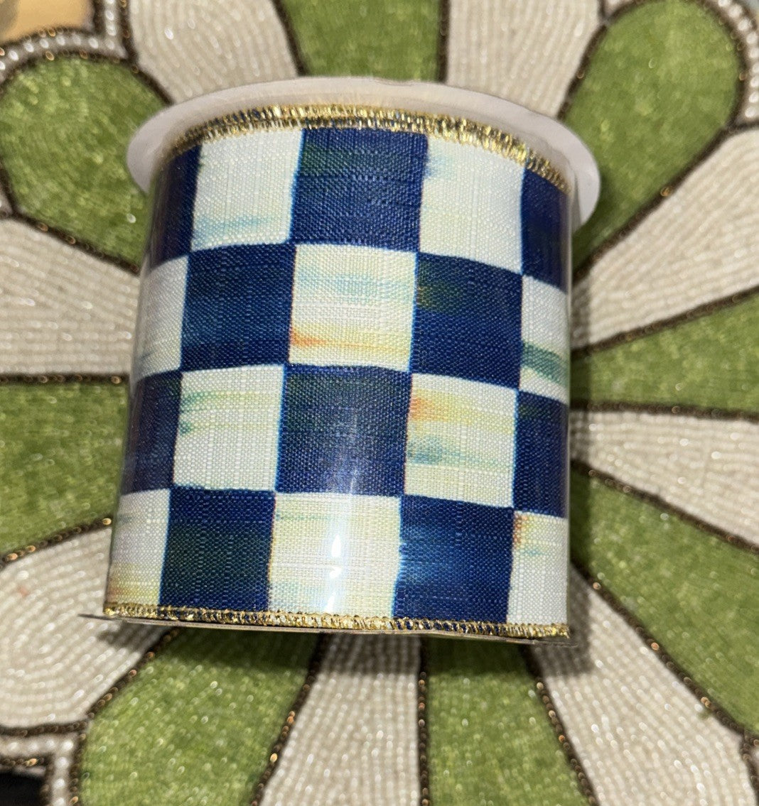 MacKenzie Childs Royal Check 4" Wide Wired Gold Edge Ribbon Lime Backing - Roll