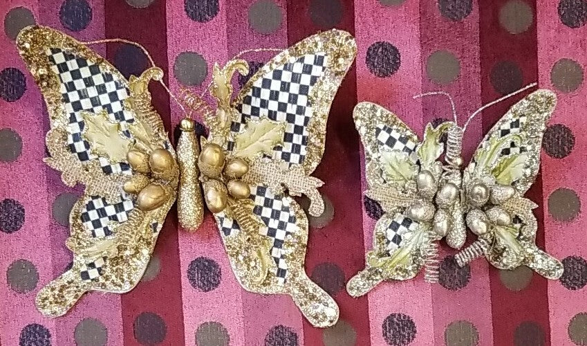Mackenzie Childs Butterly Clips Set Of 2 Gold & Silver Courtly Check Retired