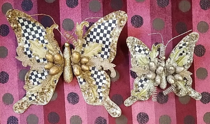 Mackenzie Childs Butterly Clips Set Of 2 Gold & Silver Courtly Check Retired