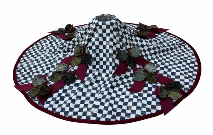 MacKENZIE CHILDS HOLIDAY   VELVET Holly And Beaded Courtly Check TREE SKIRT 46”