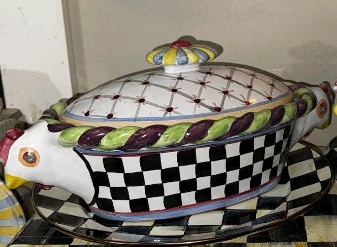 MacKenzie Childs Ceramic Lidded Piccadilly Chicken Casserole Dish- Handmade