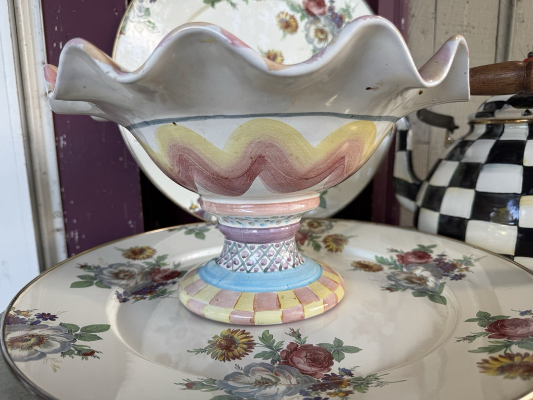 Vintage Mackenzie Childs Kukenhoff Compote Fruit Bowl Pedestal 12"- 2001