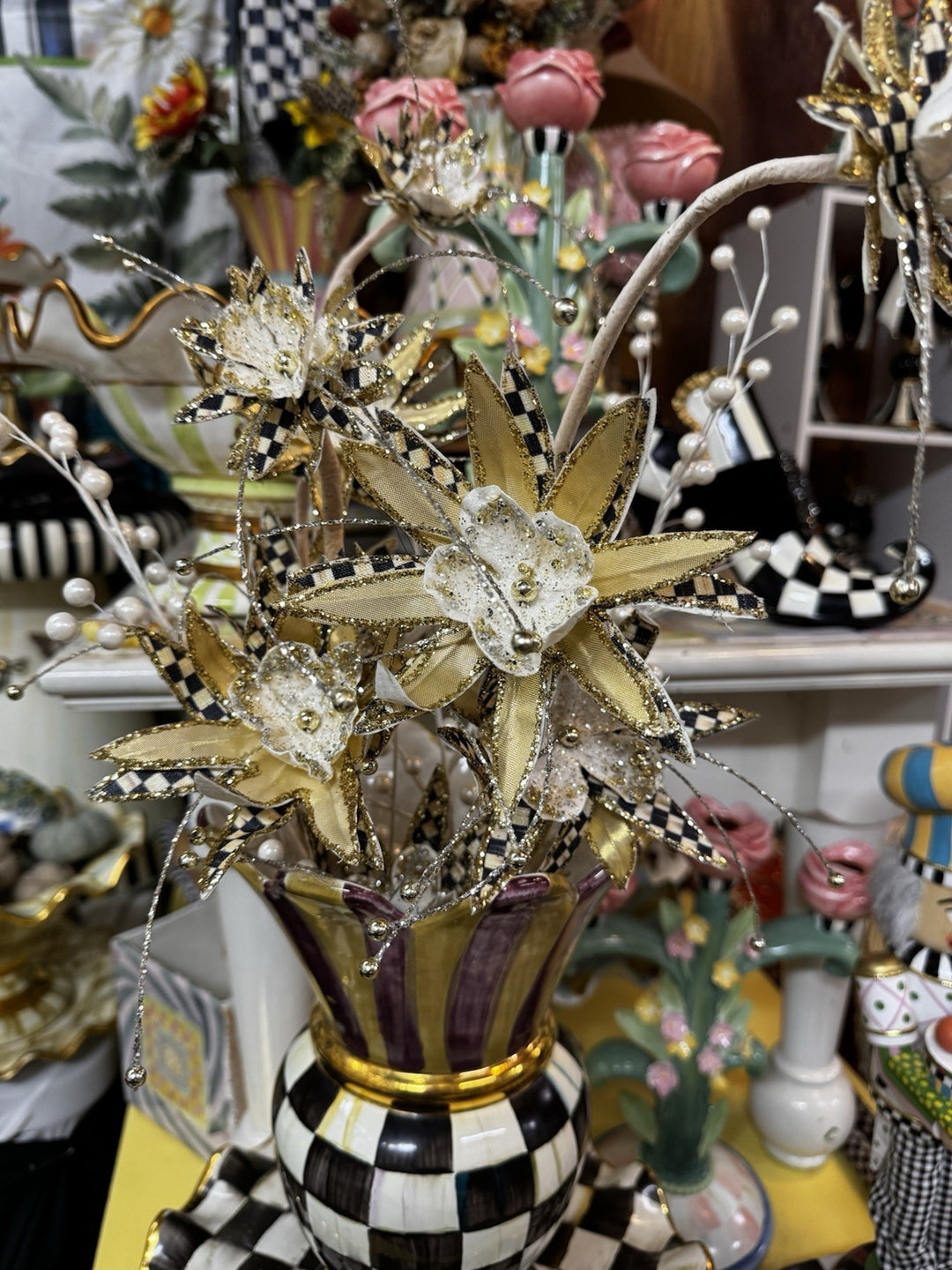 MacKENZIE CHILDS GLAM UP  FLOWER  Stem 3 Flowers Per Stem Gold &courtly Check
