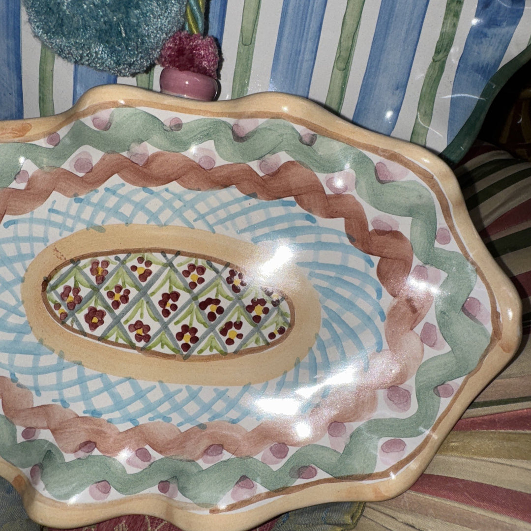 Mackenzie Childs Ceramic Taylor Heather  Check Fluted Oval Platter 6” X 9” 1996
