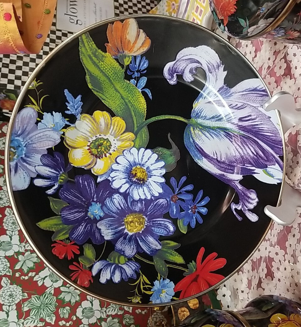 MacKenzie Childs Black Flower Market Dinner Plate 10” Enamel- New