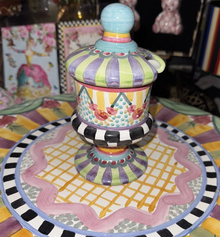 Retired Mackenzie Childs Taylor- Odd Fellows Ceramic Footed Jam Pot Brand 2010