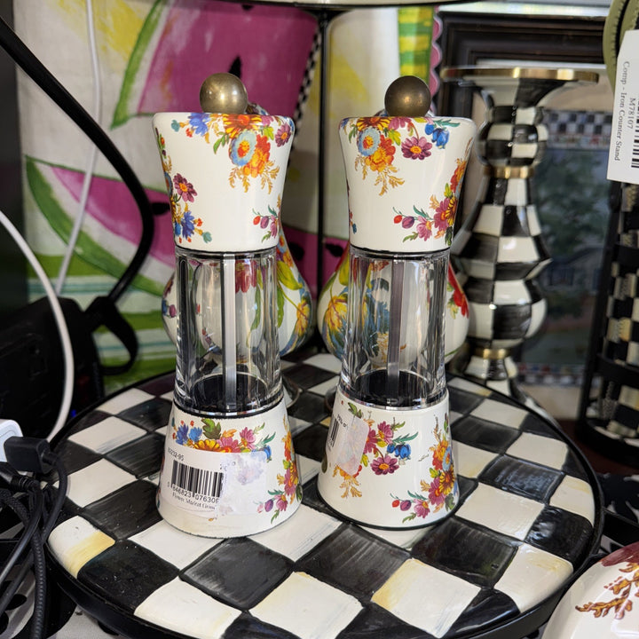 MacKenzie Childs White Flower Market Salt And Pepper Grinder Set Of 2