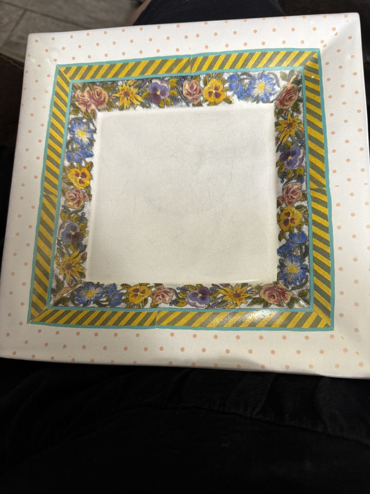 Mackenzie Childs One Square Hopscotch Plate 9.25” White Ceramic Polka Dot Floral