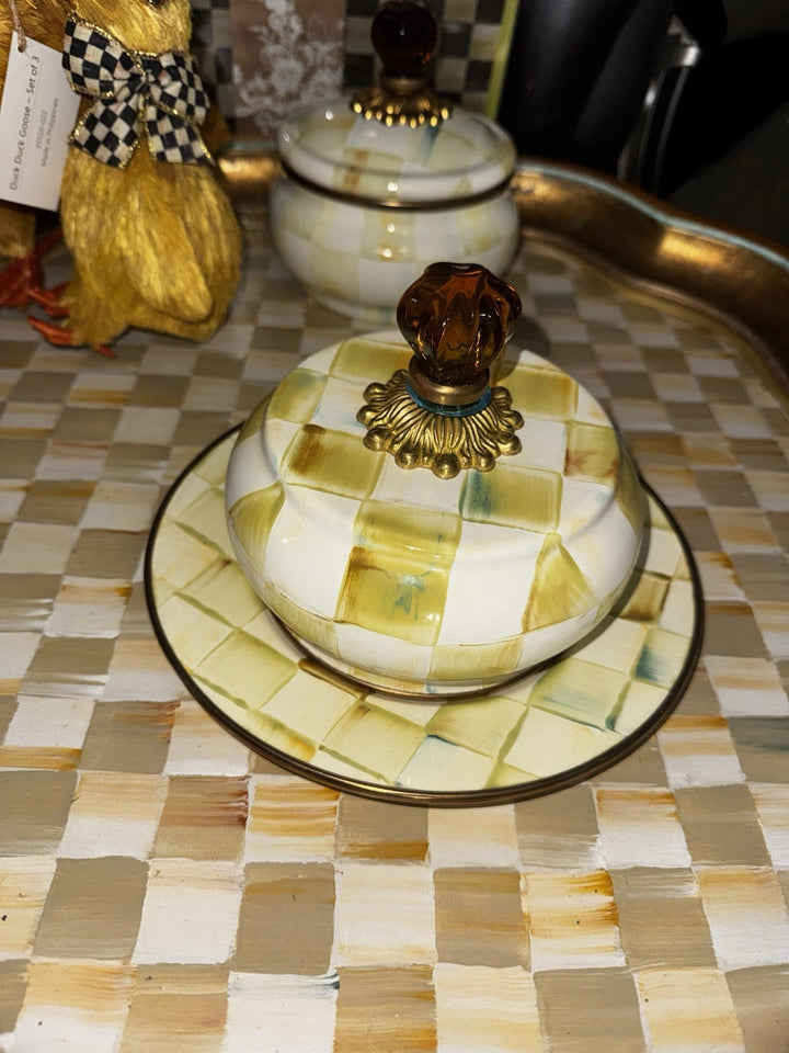 Mackenzie Child ParchmentCheck Domed Covered Butter Round   Enamel Retired