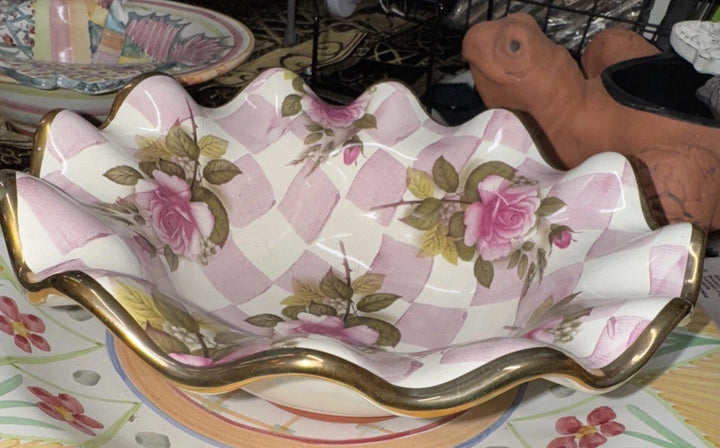 Mackenzie Childs Pink Rose Honeymoon  Fluted  Breakfast bowl 8.5” Ceramic