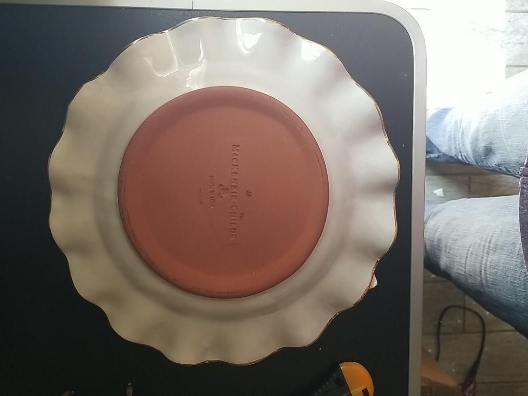 Mackenzie Childs STERLING Check Ceramic 11” Dinner Plate Fluted W/Gold Trim