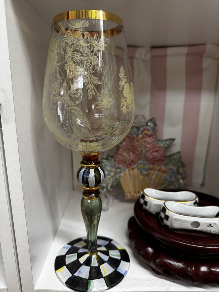 One MacKenzie Childs Blooming Wine Glass Goblet Courtly Check Excellent