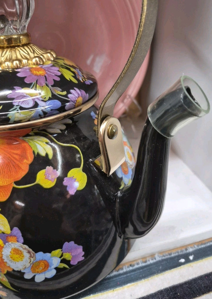 Mackenzie Childs Black Flower Market Enamel Tea Pot Kettle NEW Retired 2 Qt