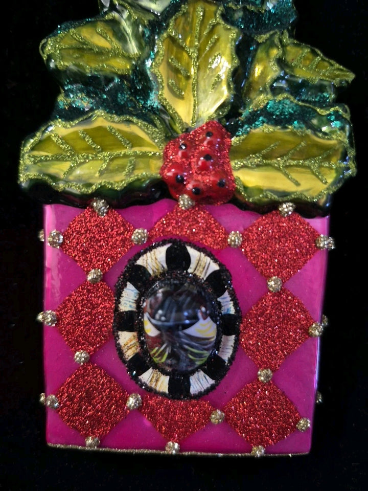 Mackenzie Childs CHICKADEE HOLLY HOUSE Christmas Ornament Blown Glass - NEW/BOX!