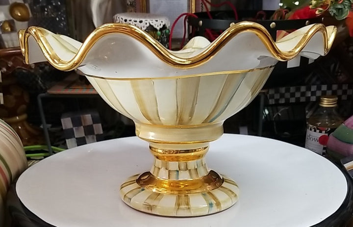 Mackenzie Childs 12” Wide Parchment check Fluted Ceramic Compote Retired