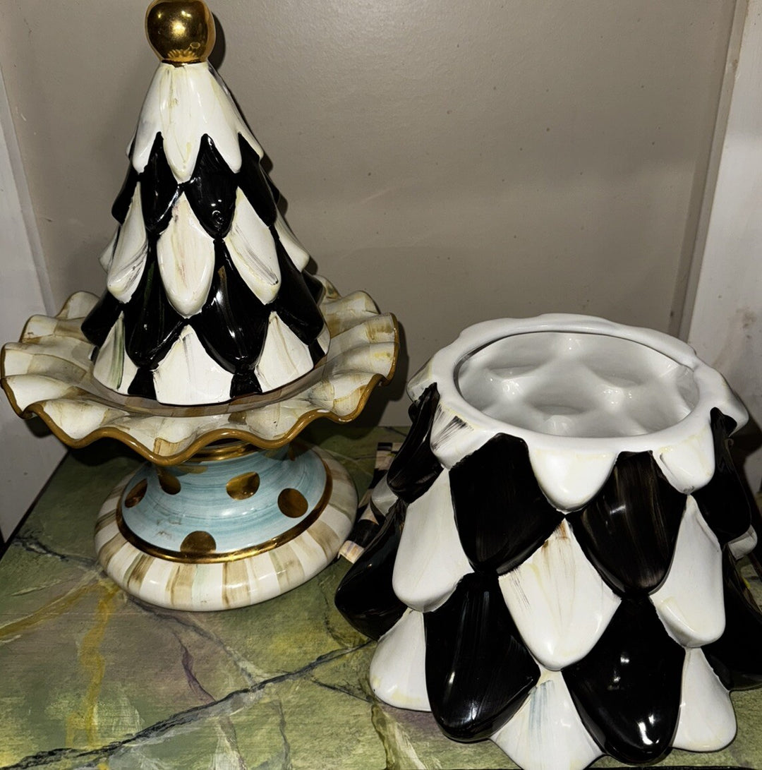 MacKenzie Childs Courtly Check Tannenbaum Cookie Jar  17” Tall Tree Ceramic
