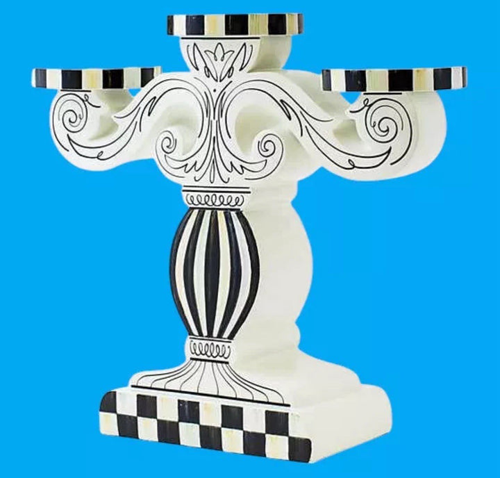 Mackenzie Childs DOODLES CANDELABRA PILLAR CANDLE HOLDER Boudoir White Black New