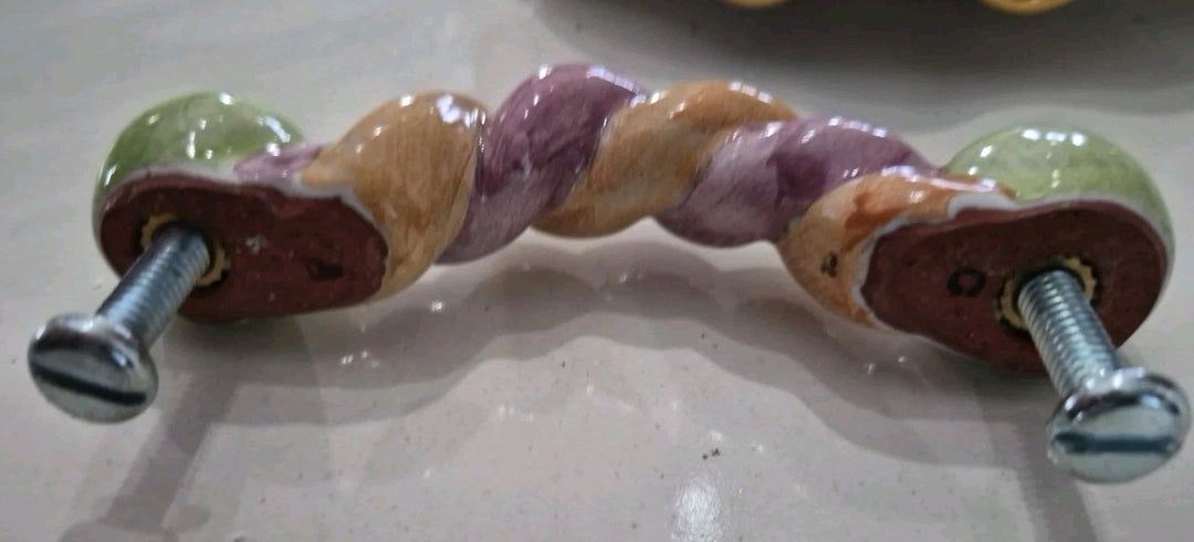 Mackenzie Childs  4.75 Twist Ceramic Handle Pull Knob Pink Orange Green