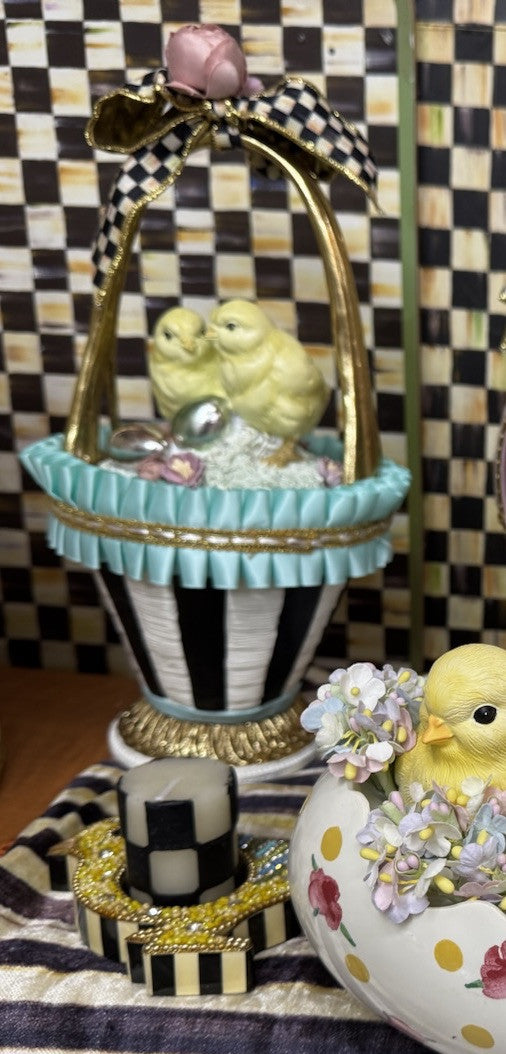 MacKenzie Childs Retired Macaron  Blue Basket- Chicks - 12” Tall- New