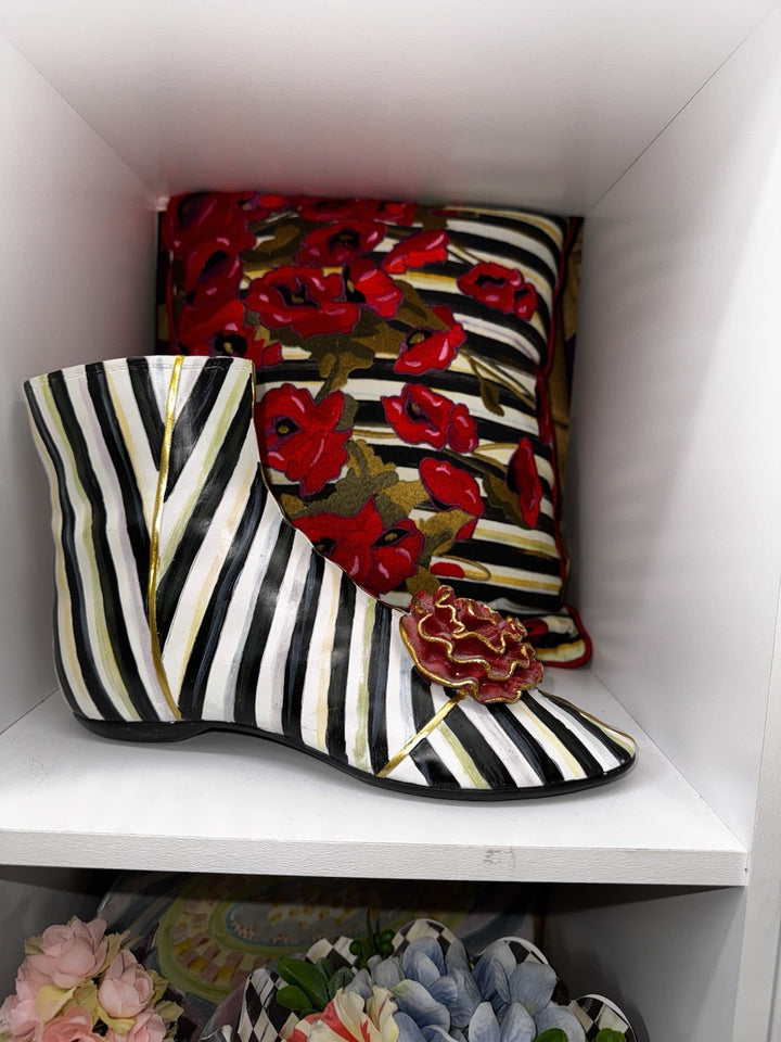 Mackenzie Childs Courtly Stripe Shoe Vase - With Red Flower - Retired