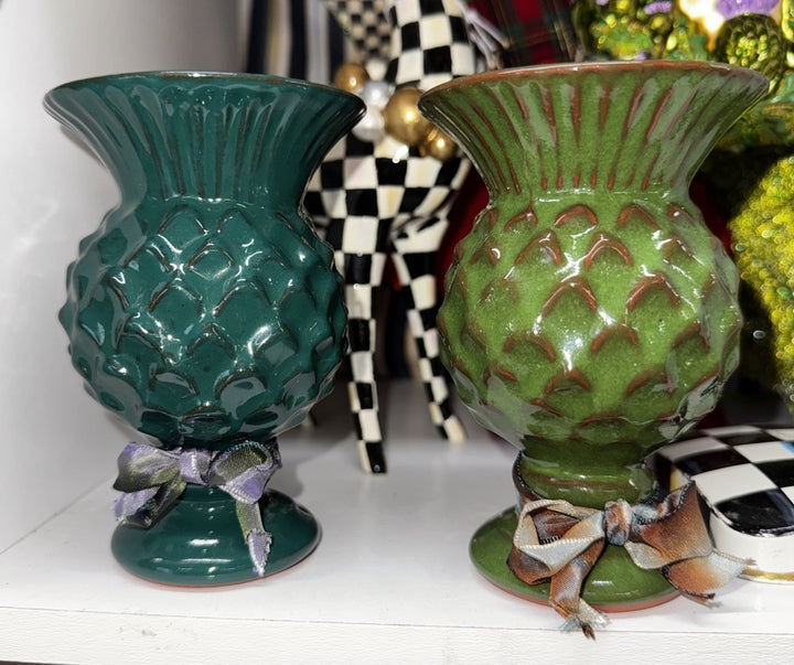 Mackenzie Childs Small  Thistle Vase - Dark Green Ceramic - 4.5” Tall- New