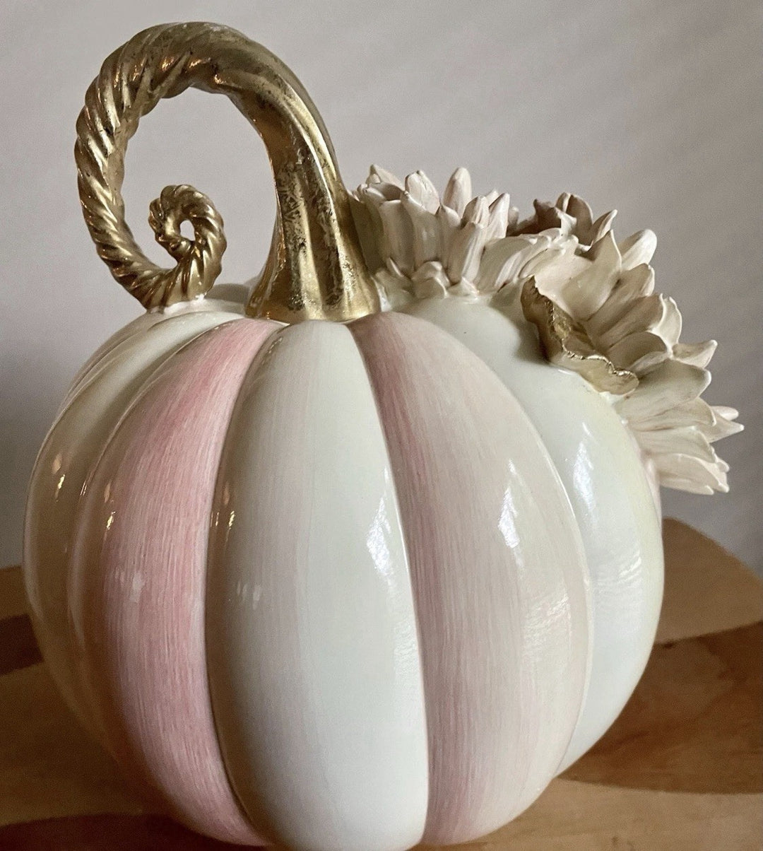 NWT MacKenzie Childs Rosy Stripe Pumpkin With Pink Sunflower - All Season Decor