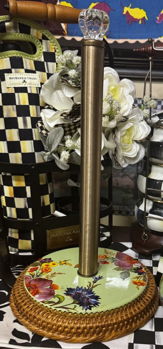 MacKenzie Childs Paper Towel Holder Retired Green Flower Market RATTAN Base