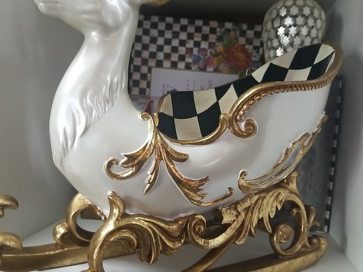 MacKenzie Childs Christmas Glam Up  Sleigh- White And Gold Reindeer