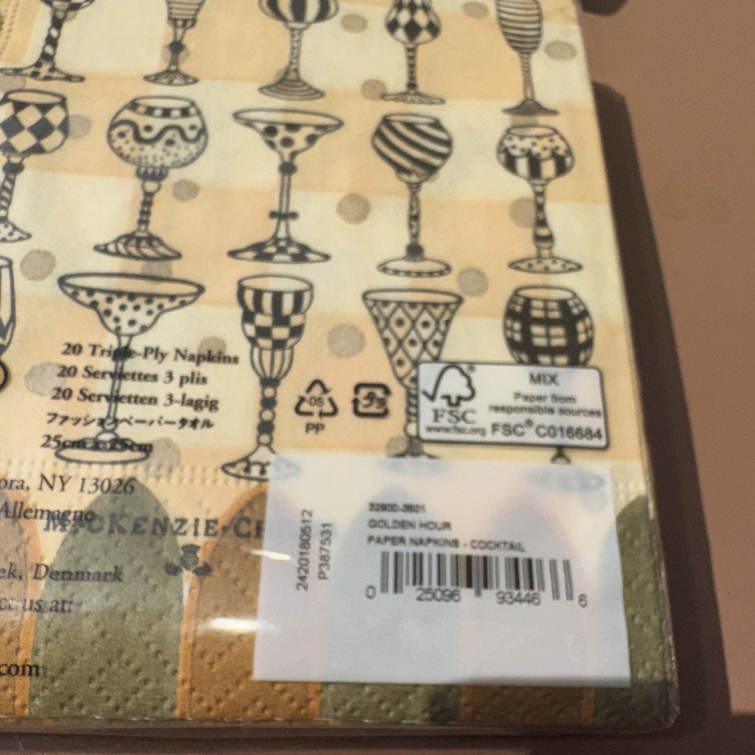 Mackenzie Childs Golden Hour Glasses Paper Cocktail Napkins 1 Pack  20 pack, NEW