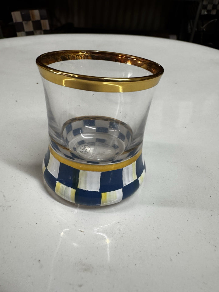 MacKenzie Childs SHOT GLASS Royal CHECK 2 OZ GOLD HAND PAINTED  NEW