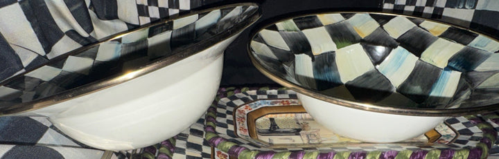 (2) Camp Mackenzie Childs 8” Breakfast  Bowls, Courtly Check Enamel