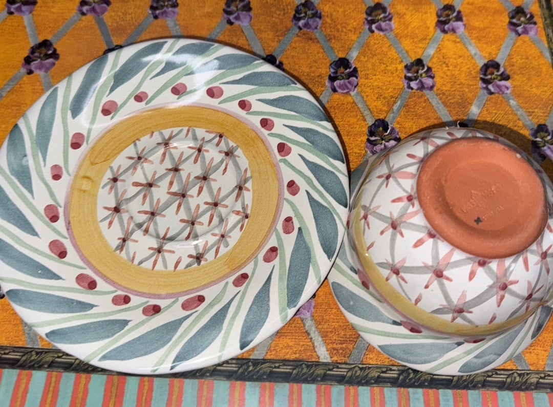 MacKenzie-Childs Brighton Pavillion Ceramic Teacup and Saucer Set 1990's Vintage